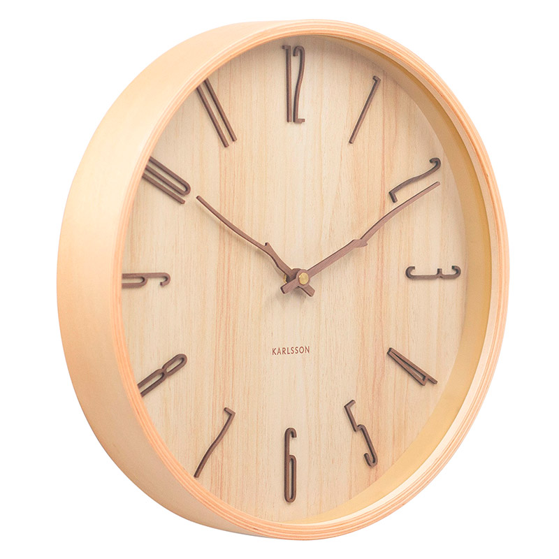 Horloge murale ronde placage en bois clair, aiguilles en forme de branche