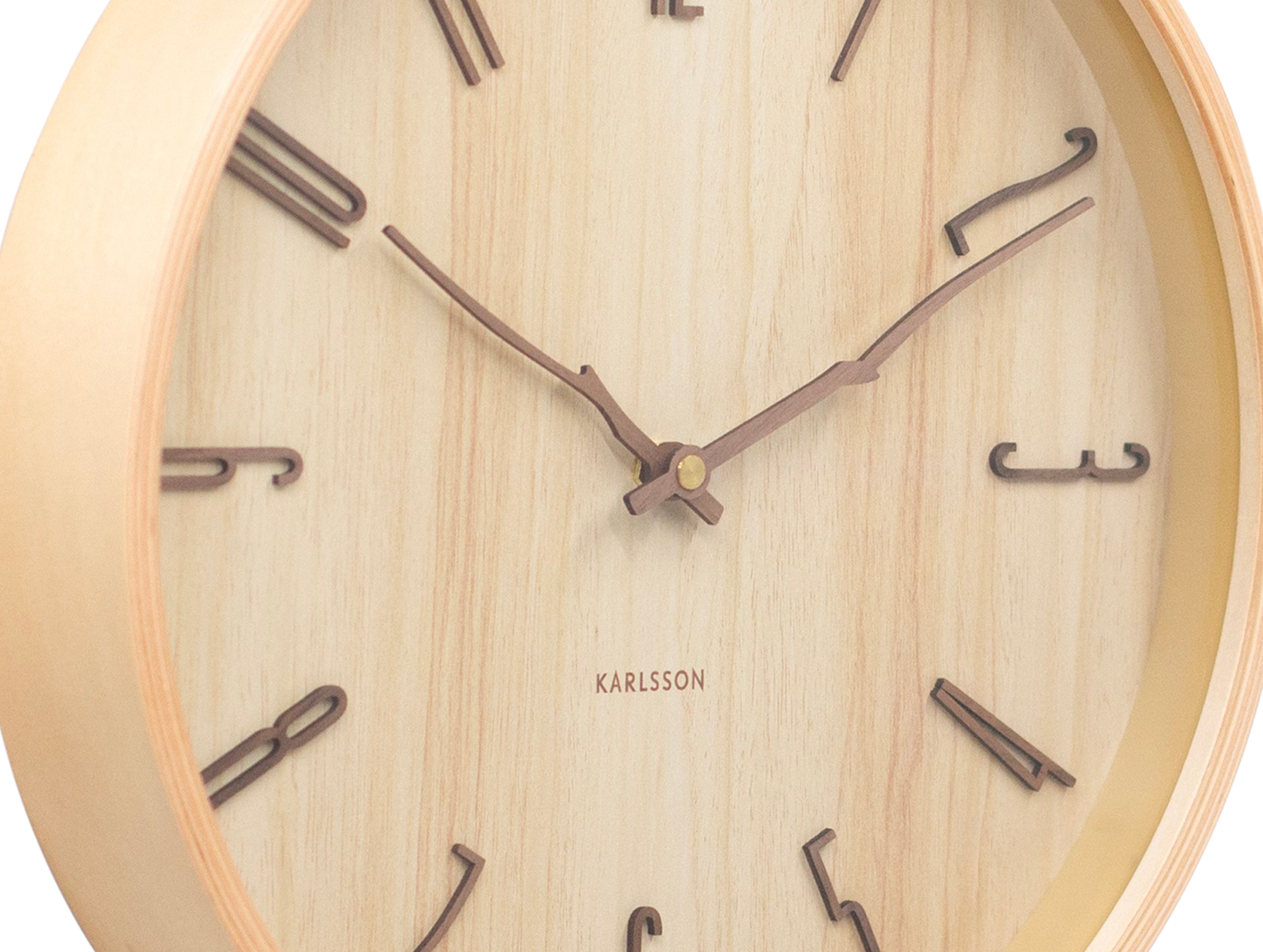 Horloge murale ronde placage en bois clair, aiguilles en forme de branche