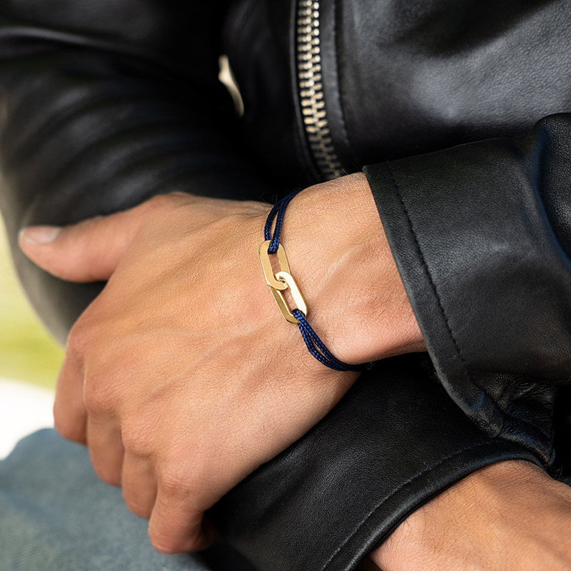 Bracelet réglable cordon bleu marine, anneau Jean-Jean en argent 925/1000 rhodié