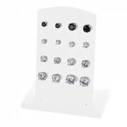 Présentoir 8 paires BO puces oxydes sertis griffes, blanc et noir, argent 925/1000 rhodié