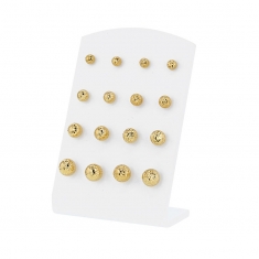 Présentoir 8 paires de boucles d'oreilles boules aspect strié et aspect grainé, Or 375/1000