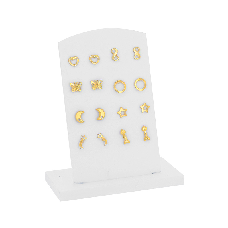 Présentoir de 8 paires de boucles d'oreilles assorties enfant en Or 375/1000 et poussettes silicone