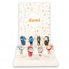 Présentoir montres blanc (MDF peint), fond plexi avec visuel DOMI, et fentes pour plots