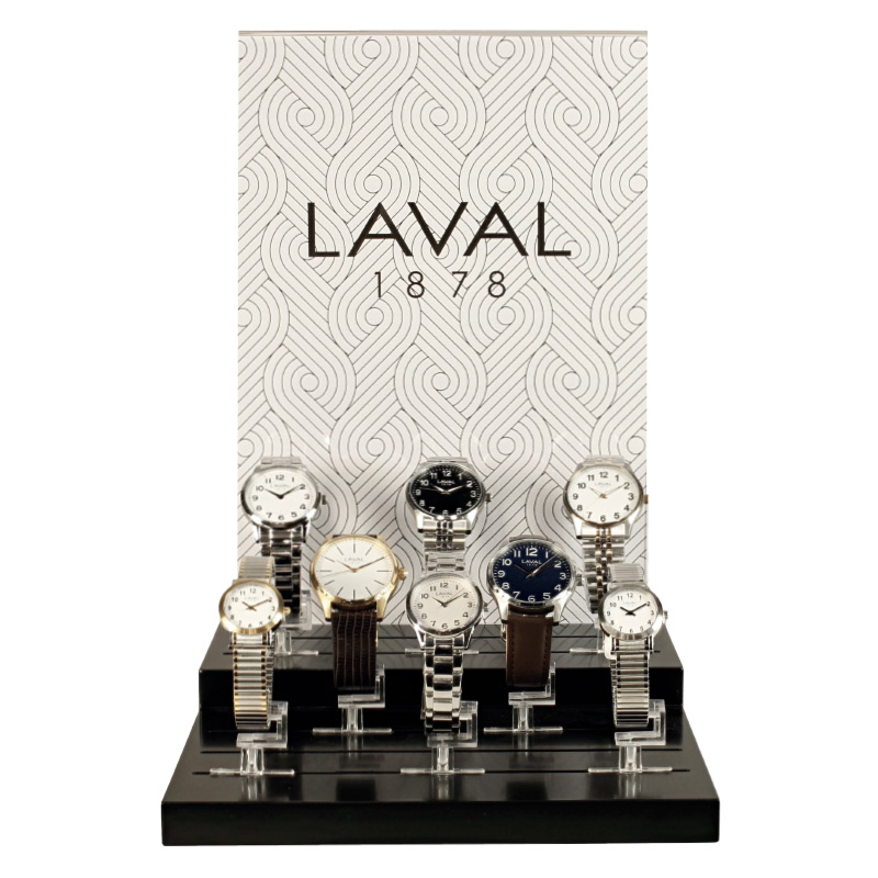 Présentoir montres noir (MDF peint), fond plexi avec visuel LAVAL, et fentes pour plots