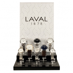 Présentoir montres noir (MDF peint), fond plexi avec visuel LAVAL, et fentes pour plots