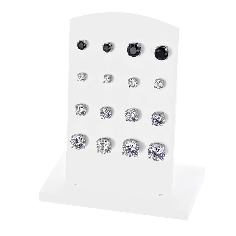 Présentoir 8 paires BO puces oxydes sertis griffes, blanc et noir, argent 925/1000 rhodié