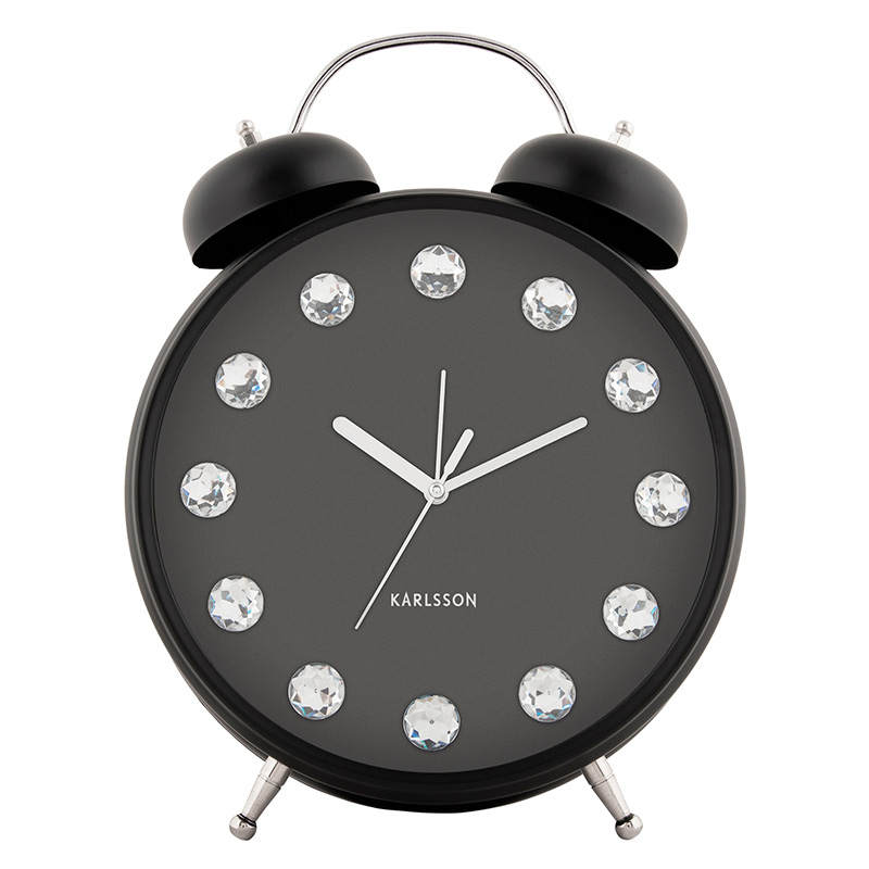 Réveil cloches Glam Diamonds XL en métal noir avec pierres synthétiques