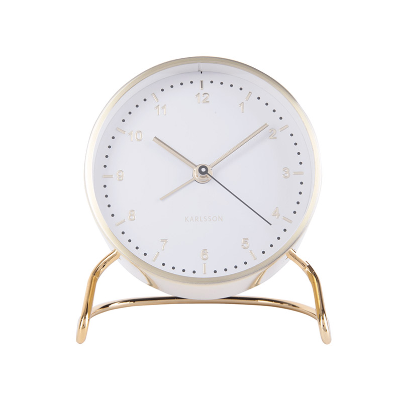 Réveil design blanc sur pied pliable doré brossé
