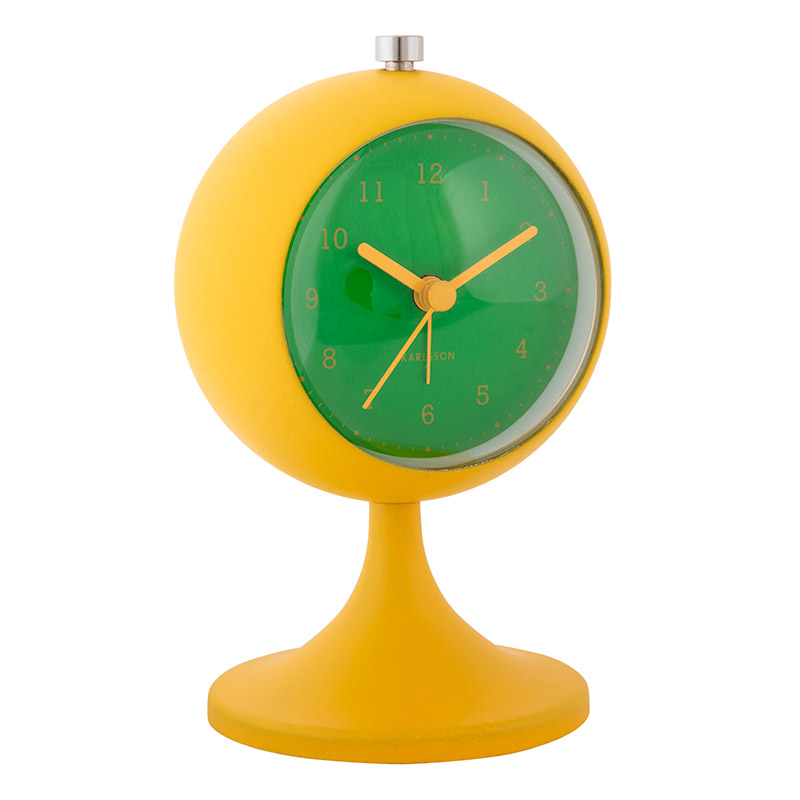 Réveil funky rétro rond en métal jaune, avec un cadran vert
