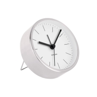 Réveil métal couleur argent et cadran blanc sur pied incliné