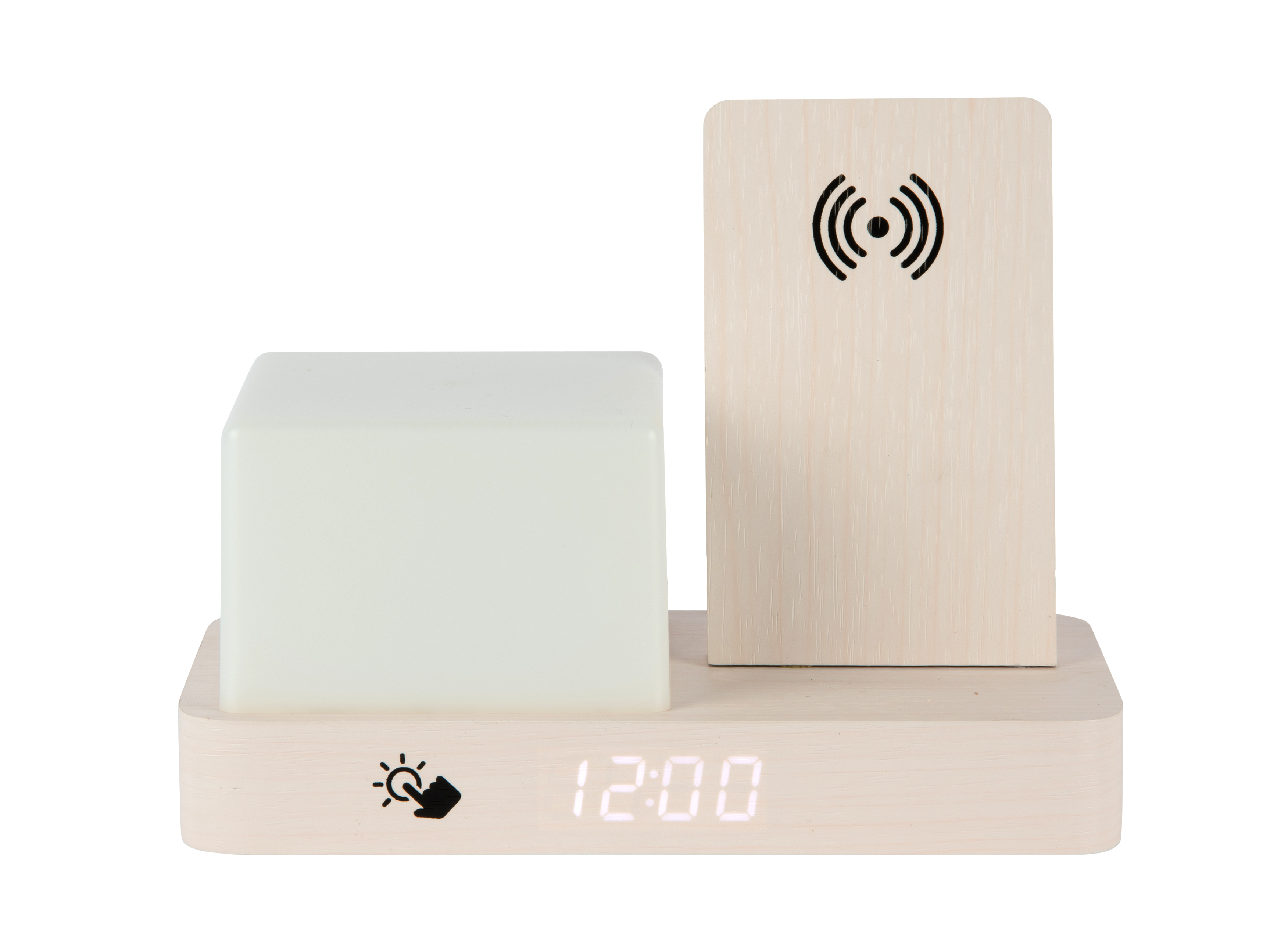 Réveil « rétro » en MDF blanc avec veilleuse LED cube et chargeur sans fil