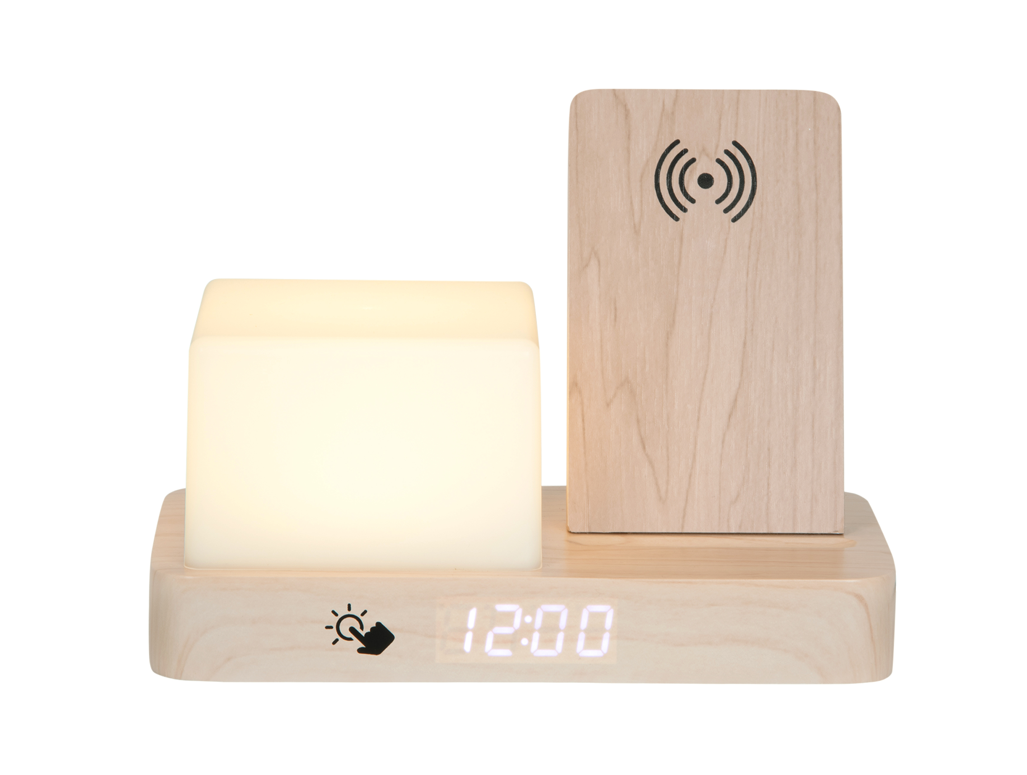 Réveil « rétro » en MDF blanc avec veilleuse LED cube et chargeur sans fil