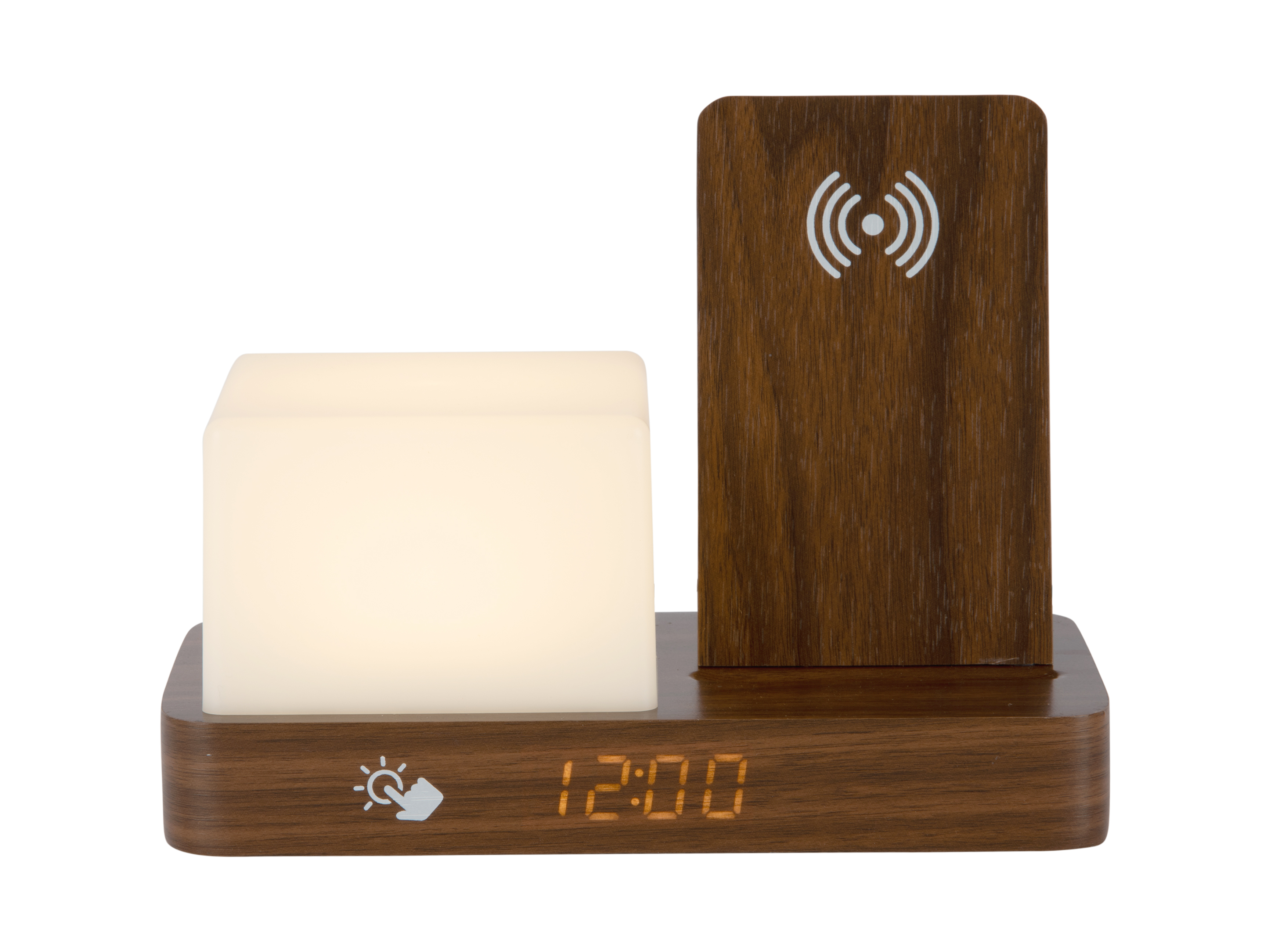Réveil « rétro » en MDF blanc avec veilleuse LED cube et chargeur sans fil