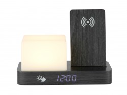 Réveil « rétro » en MDF blanc avec veilleuse LED cube et chargeur sans fil