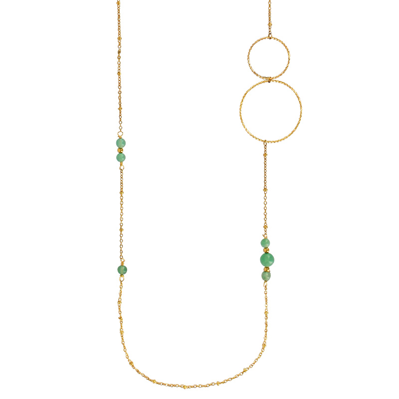 Sautoir à chaîne boules en acier doré, avec deux cercles et des boules en aventurine