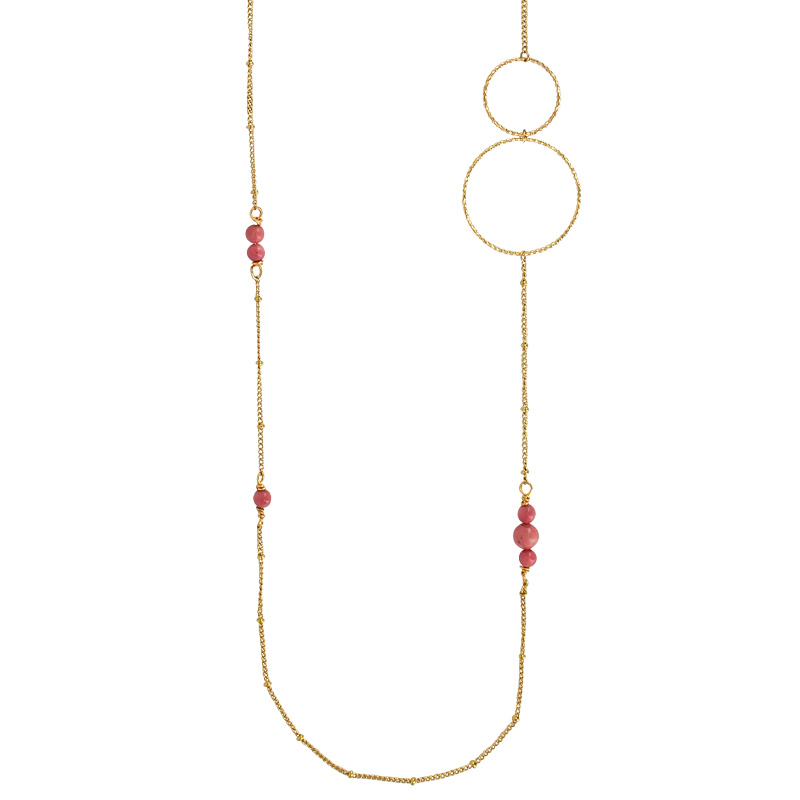 Sautoir à chaîne boules en acier doré, avec deux cercles et des boules en rhodonite