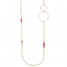 Sautoir à chaîne boules en acier doré, avec deux cercles et des boules en rhodonite