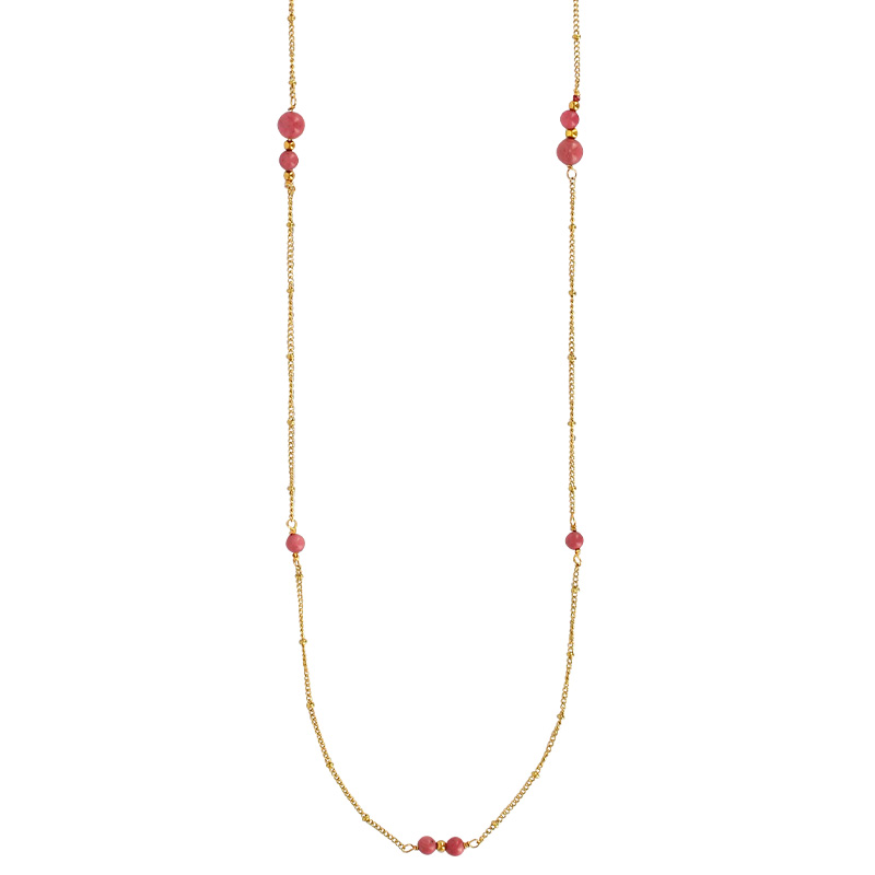 Sautoir à chaîne boules en acier doré et des boules en rhodonite