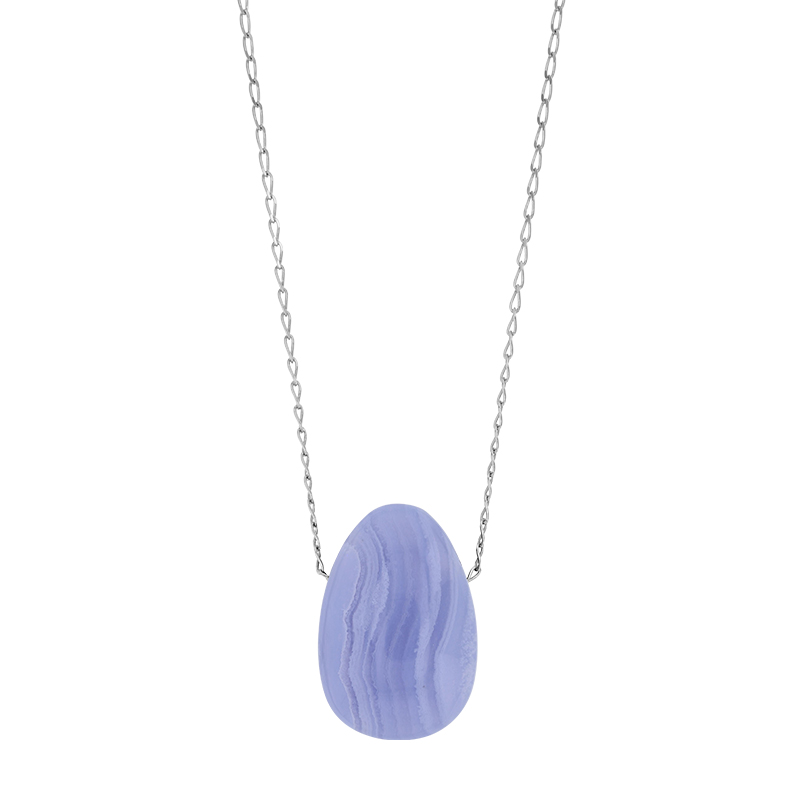 Sautoir Agate bleue, chaîne argent 925/1000 platiné