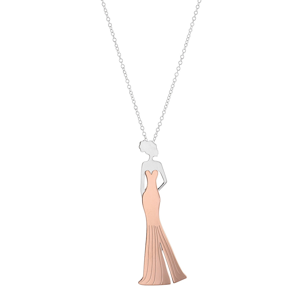 Sautoir argent rhodié 925/1000  et pendentif femme robe longue argent doré rose