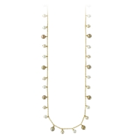 Sautoir avec chaîne en laiton doré orné de perles de Majorque blanches, champagne et dorées