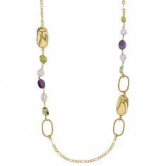 Sautoir avec perles d’imitation blanches, améthystes et péridots en argent 925/1000 doré