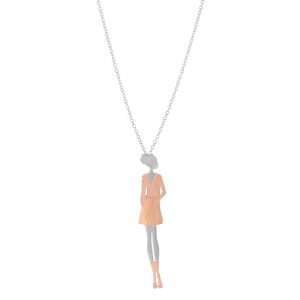 Sautoir avec silhouette femme en argent rhodié 925/1000 et argent doré rose