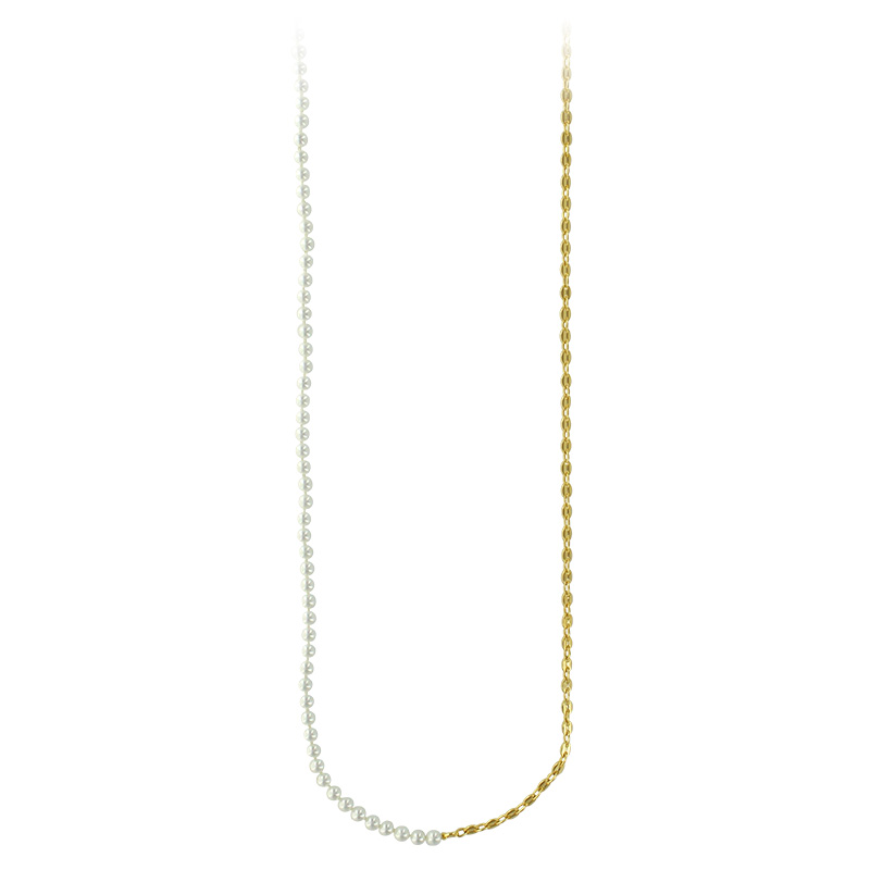 Sautoir chaîne laiton doré avec maille grains de café et perles de Majorque blanches