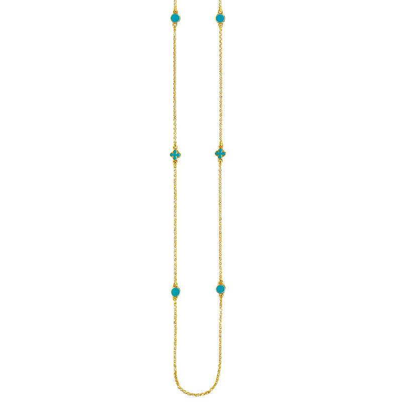 Sautoir DOUBLE-FACE ronds et trèfles en émail bleu turquoise et argent 925/1000 doré