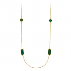 Sautoir en argent 925/1000 doré avec rectangles et ronds facettés en cristal vert émeraude