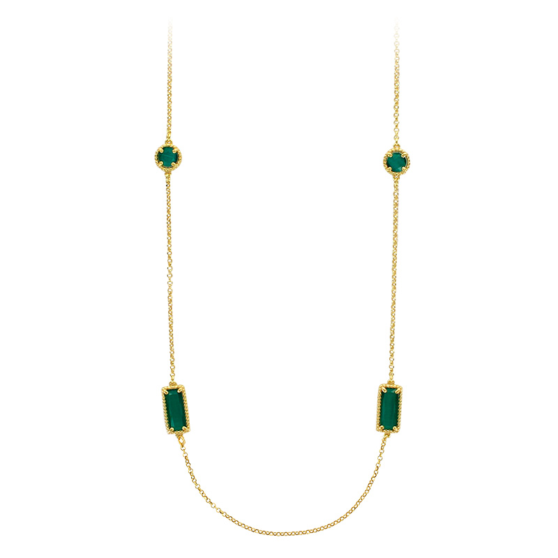 Sautoir en argent 925/1000 doré avec rectangles et ronds facettés en cristal vert émeraude