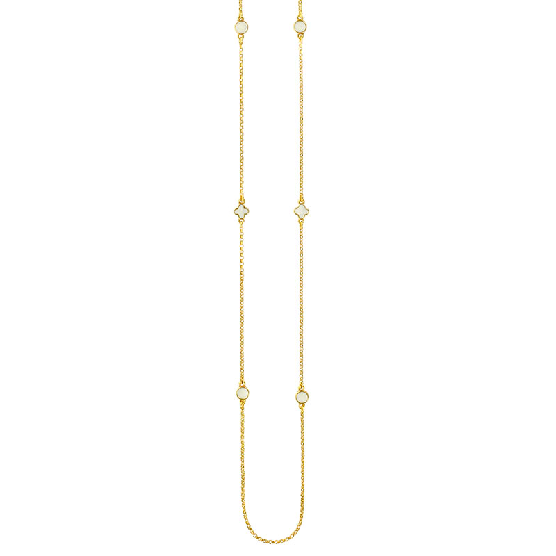 Sautoir en argent 925/1000 doré DOUBLE-FACE ronds et trèfles en émail à chaud blanc