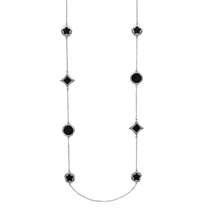 Sautoir en argent 925/1000 rhodié avec motifs en agate noire