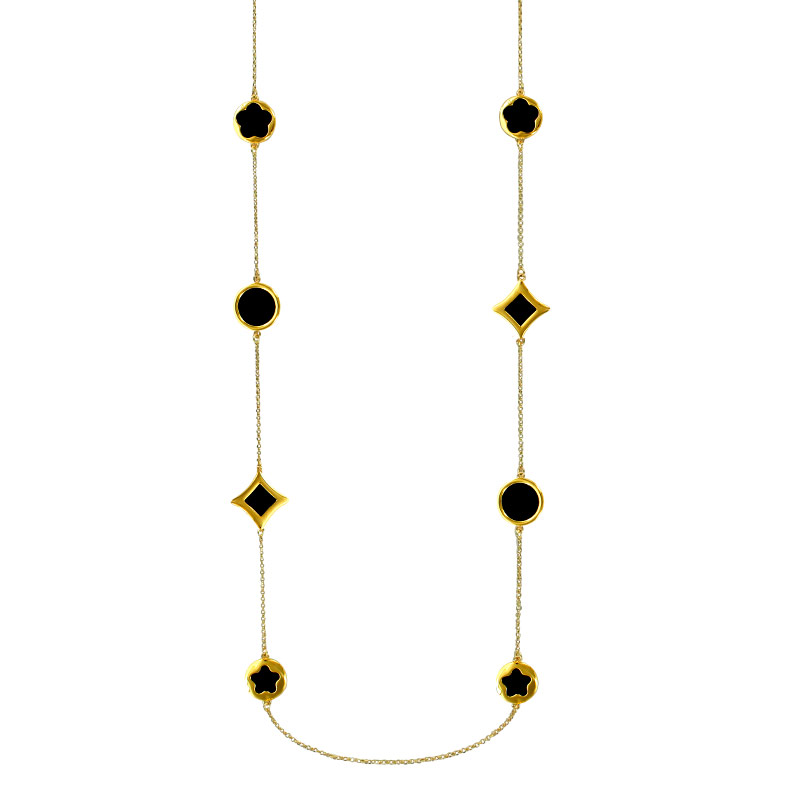 Sautoir en argent 925/1000 rhodié avec motifs en agate noire