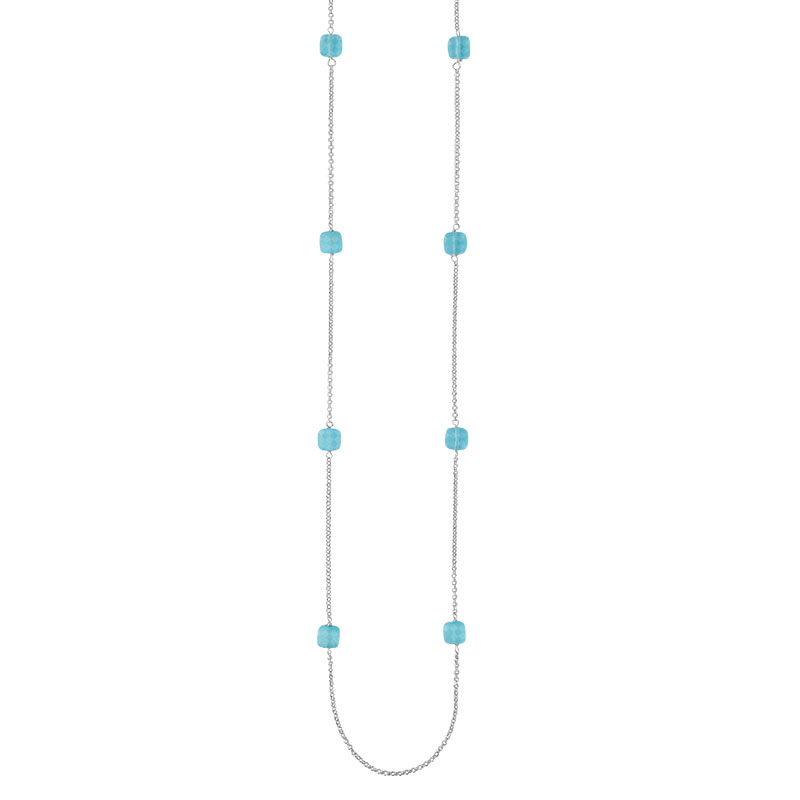 Sautoir en argent 925/1000 rhodié LIBERA avec Oeil de chat carré à facettes couleur aigue-marine