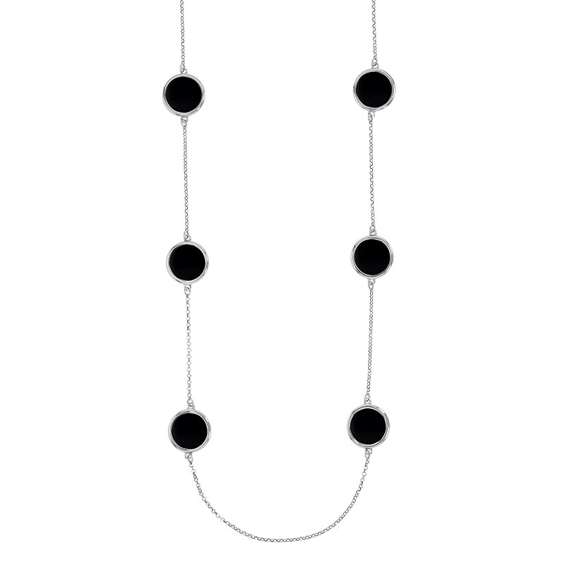 Sautoir en argent 925/1000 rhodié orné de ronds en Agate noire