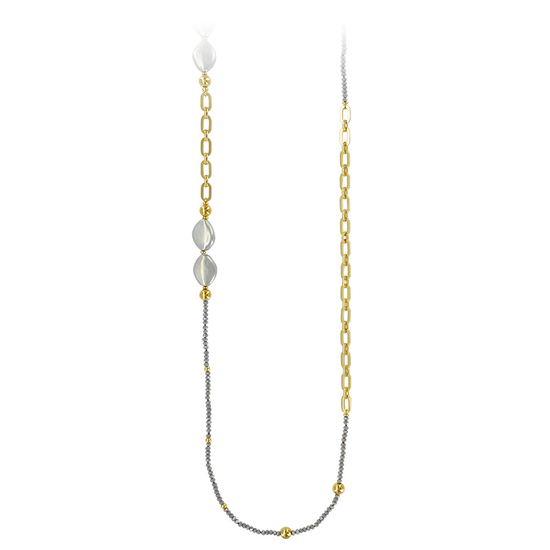 Sautoir en maille figaro alternée laiton doré et perles de verre irisées et perles de Majorque