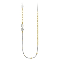 Sautoir en maille figaro alternée laiton doré et perles de verre irisées et perles de Majorque