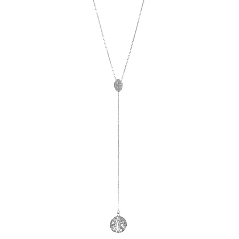 Sautoir GYPSY MARIA en Argent 925/1000 rhodié effet martelé motif croix et rond médaille miraculeuse