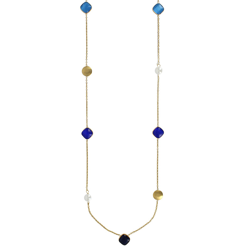 Sautoir motif losange en verre facetté bleu, acier doré