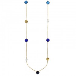 Sautoir motif losange en verre facetté bleu, acier doré