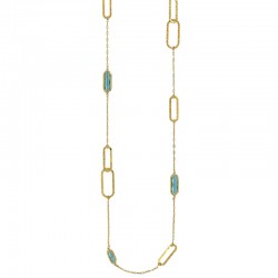 Sautoir motif ovales martelés et en verre facetté bleu clair, acier doré