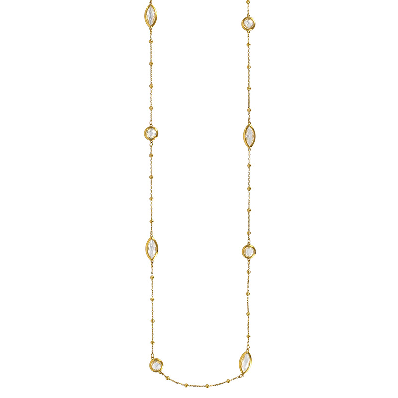 Sautoir motif rond et marquise verre facetté blanc, acier doré