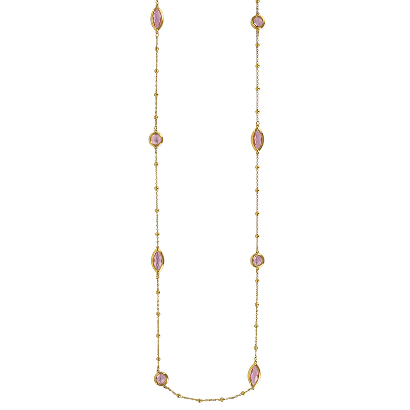 Sautoir motif rond et marquise verre facetté blanc, acier doré