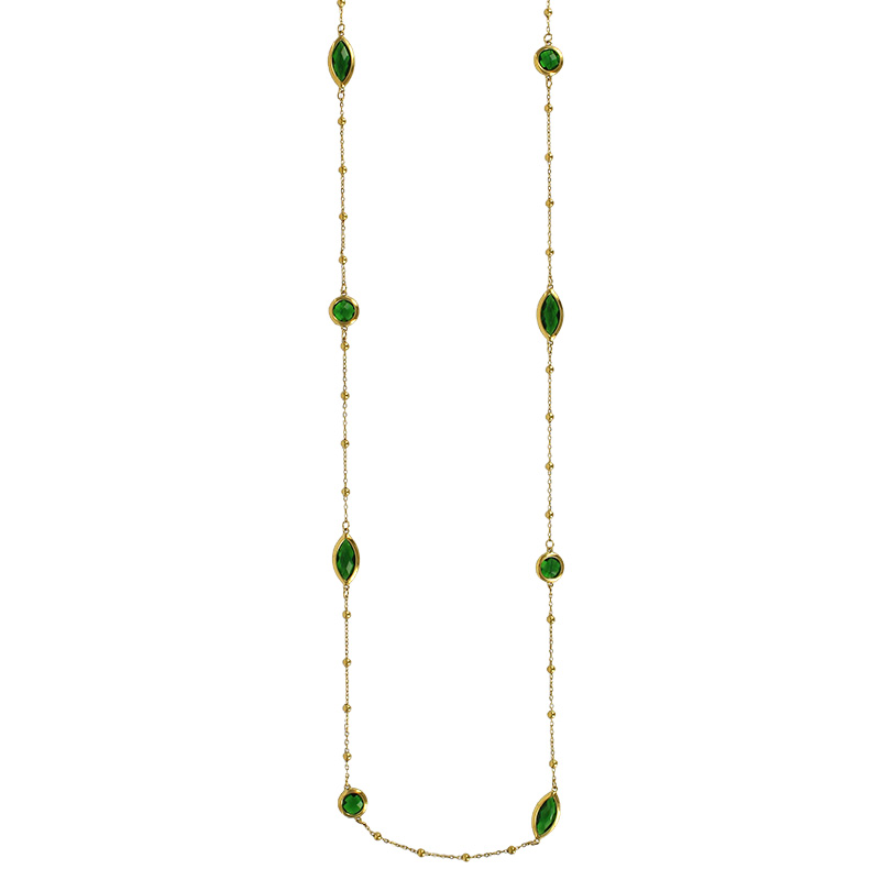 Sautoir motif rond et marquise verre facetté blanc, acier doré