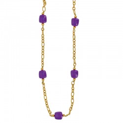 Sautoir orné de cubes en résine violette et boules dorées et maille rondes en acier doré