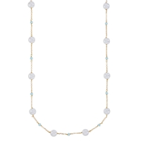 Sautoir perles de Majorque blanches, cristaux bleu clair, chaîne laiton doré