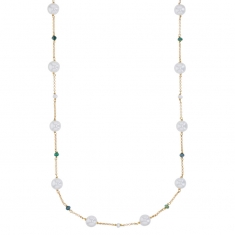 Sautoir perles de Majorque blanches, cristaux bleu clair, chaîne laiton doré