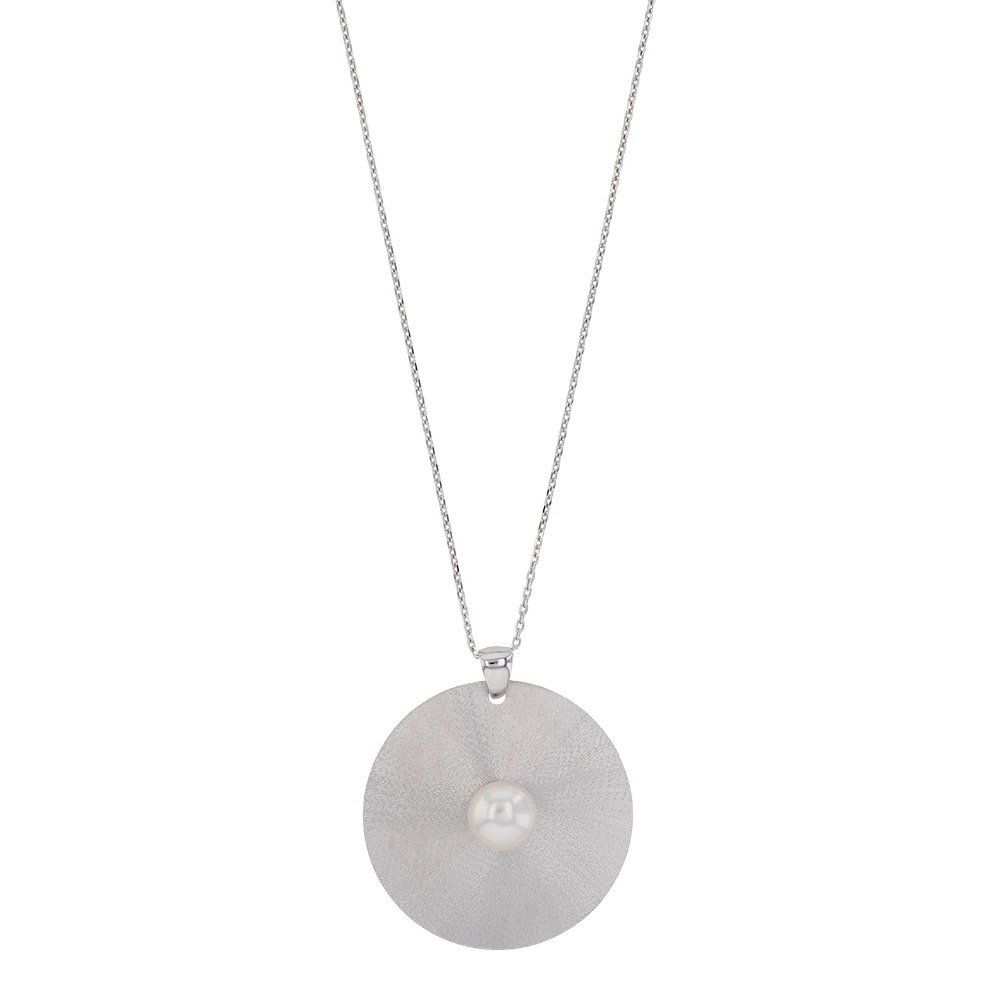 Sautoir SOLAIRE en argent 925/1000 rhodié rond avec perle synthétique centrale