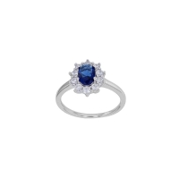 Solitaire oxyde bleu saphir taille ovale entouré d'oxydes blancs, argent 925/1000 rhodié